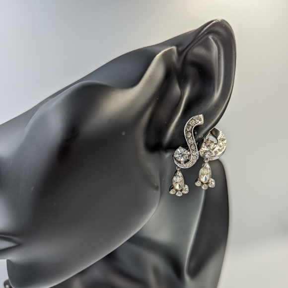 Vintage Unique Joseph Mazer Silver Tone Rhinestones Dangles Clip on Earrings - Picture 3 of 14